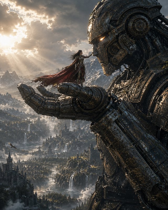 [Armored female warrior with a flowing red cape stands on the palm of a colossal weathered mechanical golem, touching its ...