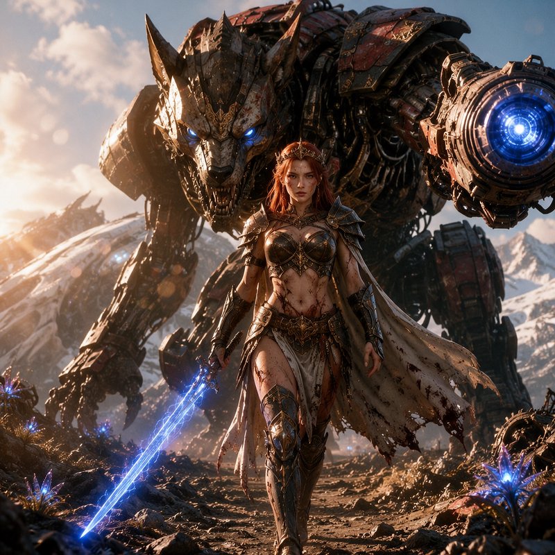 Fierce redheaded warrior queen with glowing blue sword stands before a massive armored mechanical...
