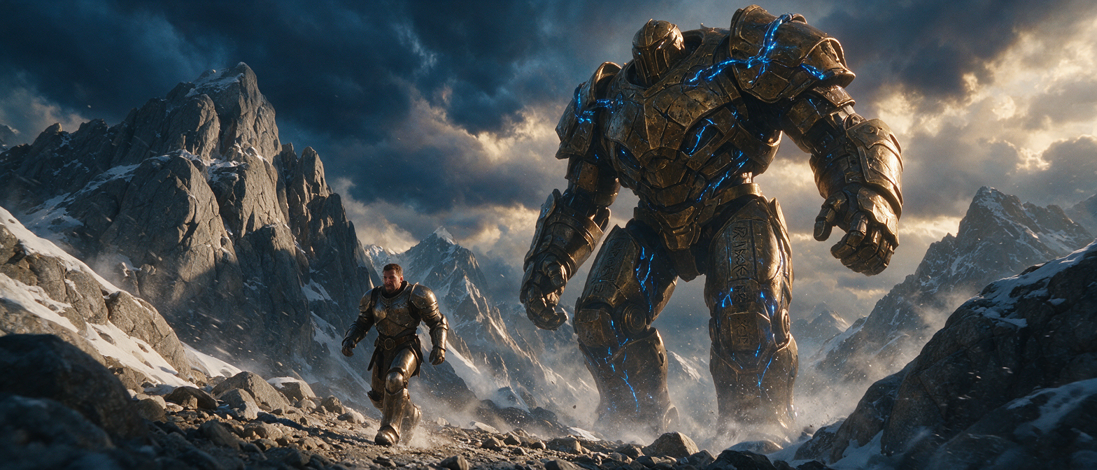 Armored knight runs beside a massive glowing bronze golem across rocky snow-covered mountains under a dramatic storm-lit sky.