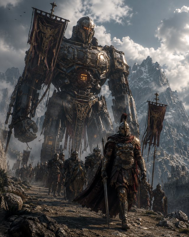 Massive armored mechanical colossus marches with Roman-inspired fantasy soldiers along a rocky al...