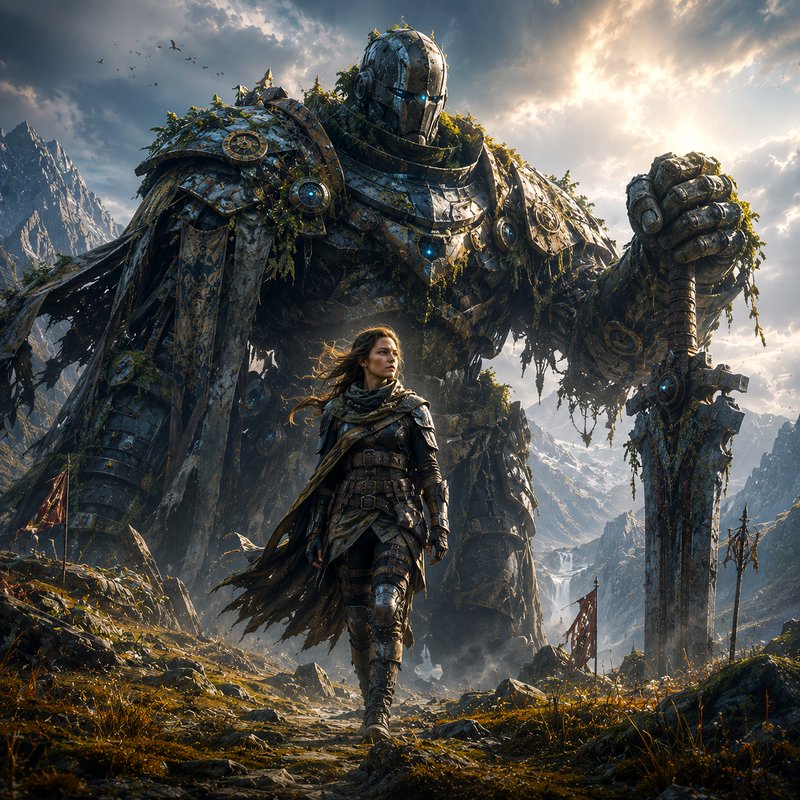 Armored female fantasy warrior walks before a massive moss-covered iron golem guardian holding a ...