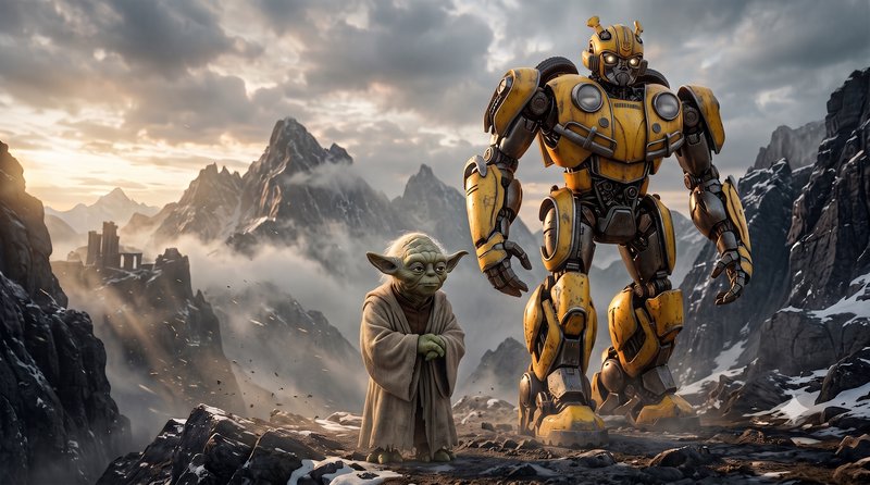 Jedi Master Yoda stands beside Bumblebee the Transformer on a rocky mist-shrouded mountain peak a...