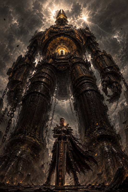 Armored female knight holding a glowing greatsword stands before a massive chain-bound iron colos...
