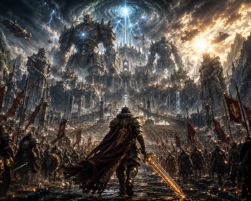 Armored fantasy king leads a vast army toward giant colossi and a magical fortress beneath a swir...