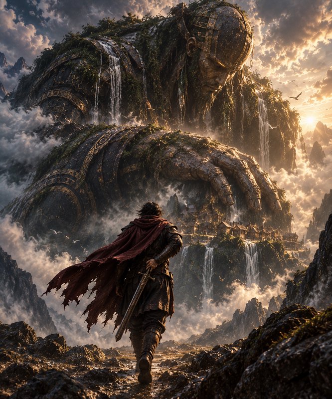 Lone warrior in a tattered red cloak stands facing a colossal overgrown stone giant mountain at g...