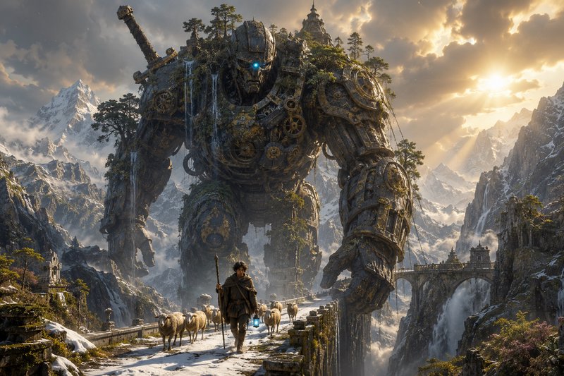 Massive overgrown mechanical golem looms behind a shepherd herding sheep across a mountain stone ...