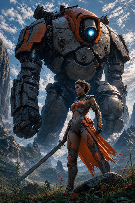 Armored female warrior with a steel sword stands before a giant weathered mech robot in a misty mountain valley under a