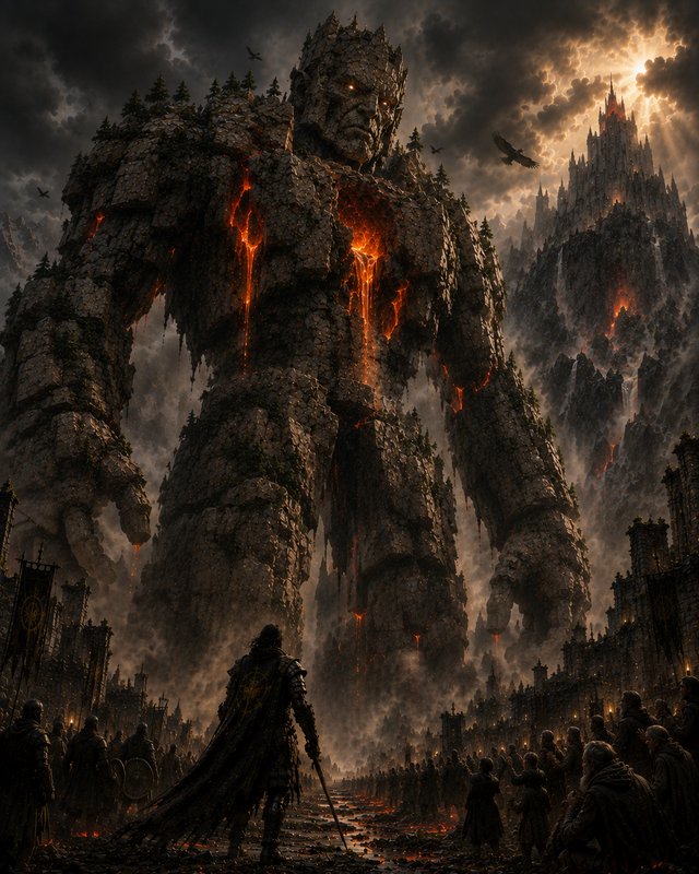 Colossal stone mountain golem with glowing lava cracks looms over a lone knight and crowd on a sm...