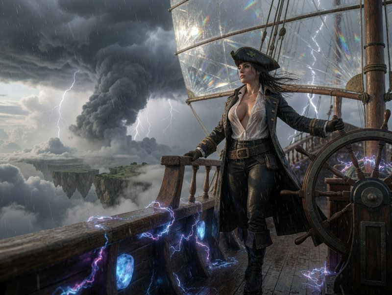 Female pirate captain at enchanted airship helm navigating a storm above floating cloud islands w...