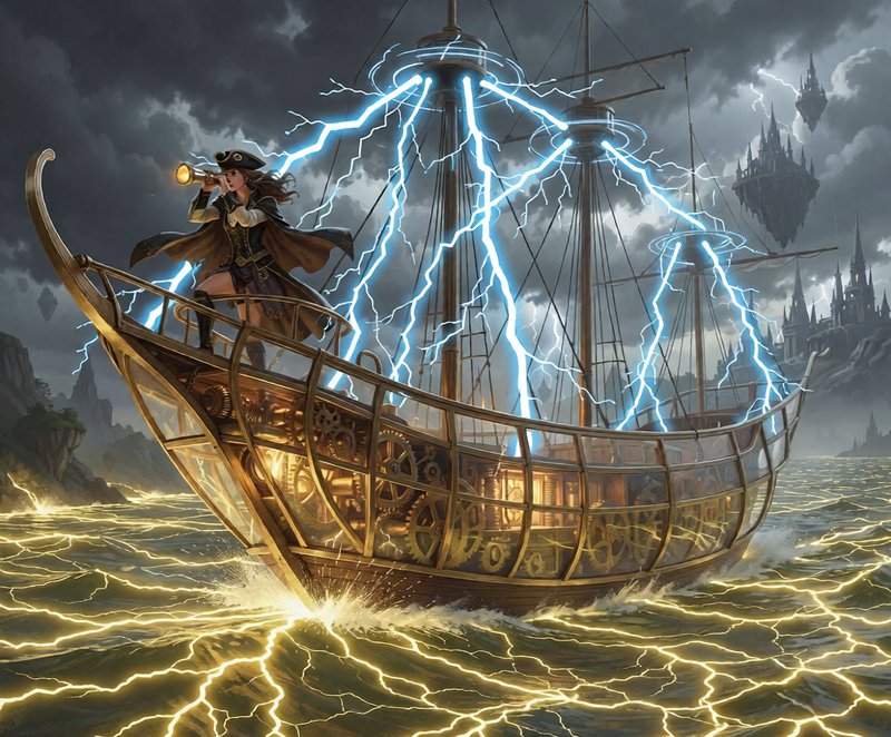 Steampunk female pirate captain stands on an energy-powered sailing ship navigating stormy lightn...