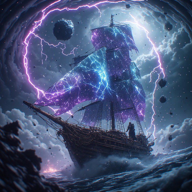 Surreal fantasy tall ship with glowing lightning-etched purple sails navigates rough seas beneath...