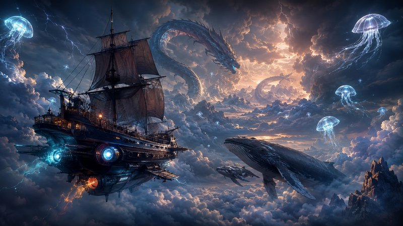 Steampunk airship floats above a cloud sea alongside sky whales, a storm dragon, and glowing jell...