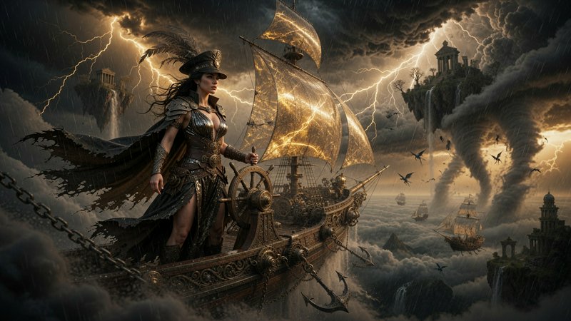 Armored fantasy female pirate captain steers an ornate galleon through a stormy cloud sea past fl...