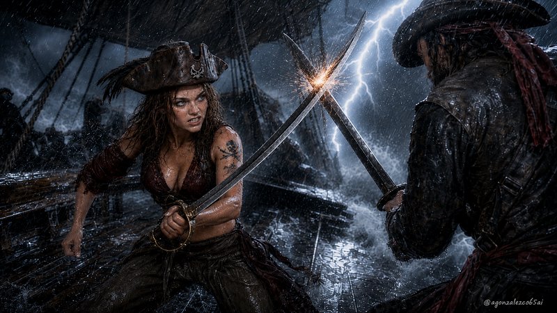 Fierce female pirate duels a male pirate, clashing cutlasses on a rain-soaked ship deck during a lightning thunderstorm
