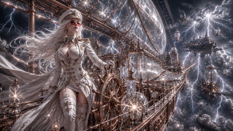 Steampunk female airship captain stands at her skyship helm navigating a stormy lightning-filled ...