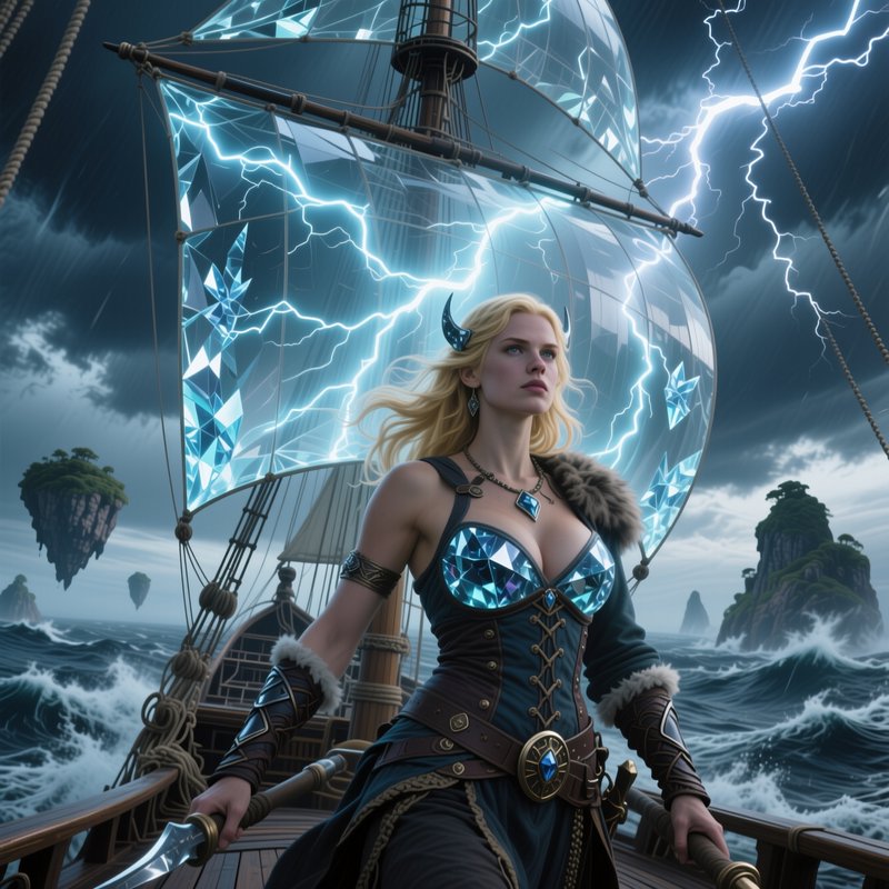 A female viking ship captain stands on deck, with glowing lightning-patterned crystal sails, duri...