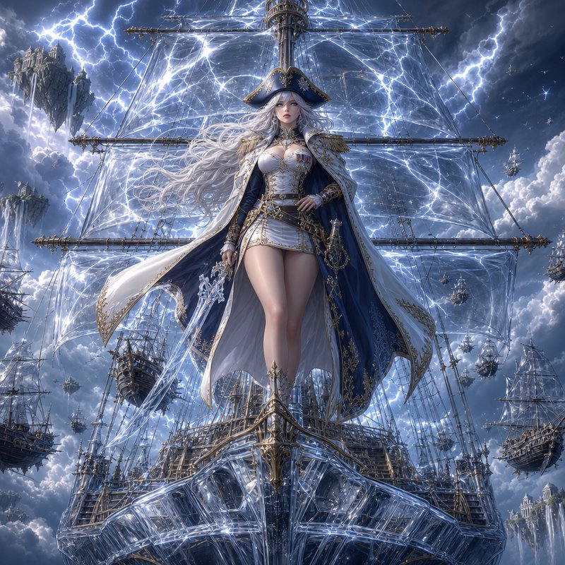 Regal female sky pirate captain stands on the bow of a crystal airship with glowing lightning sai...