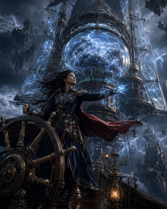 Female fantasy airship captain channels lightning while steering a steampunk flying ship through ...