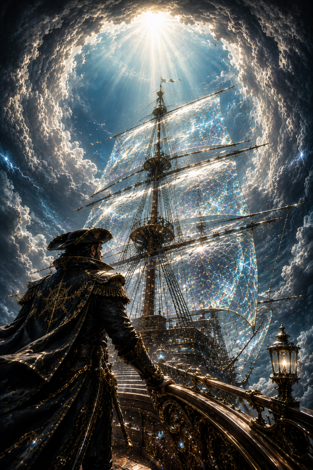 [Elaborate fantasy pirate captain stands on a gilded tall ship, gazing at glowing crystalline sails beneath a swirling clo...