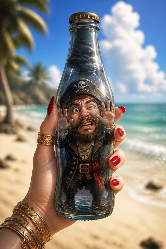 Hand holding a glass bottle with a tiny panicked trapped pirate, against a sunny tropical beach b...