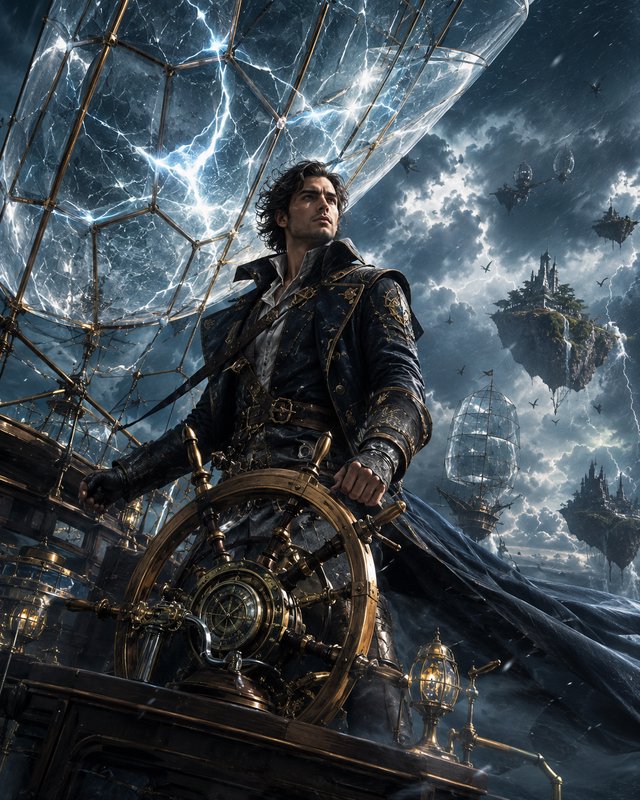 Steampunk sky pirate captain stands at a brass ship's wheel navigating a stormy airship sky with ...