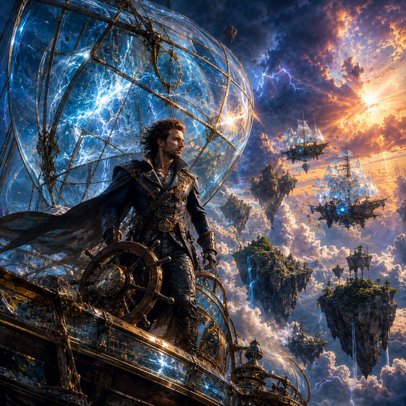 Steampunk sky pirate captain stands at the helm of a lightning-powered airship above floating isl...