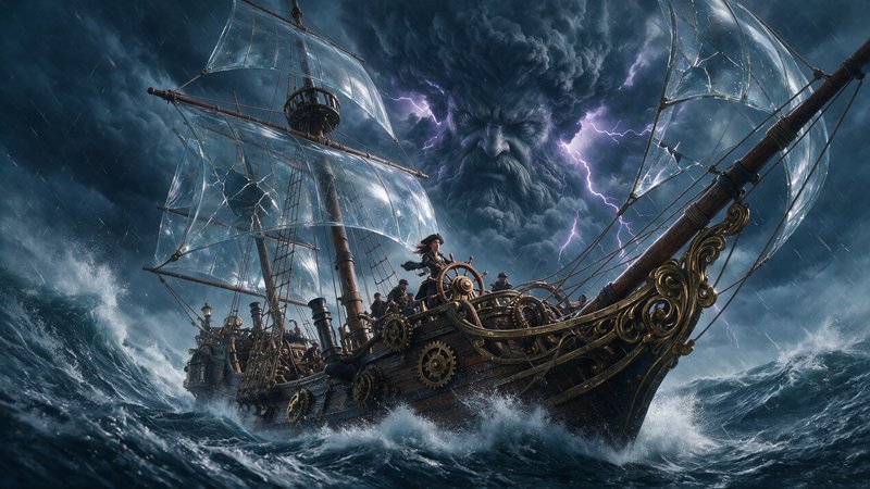 Steampunk pirate ship navigates stormy seas, a giant bearded sea god face looms in lightning-fill...
