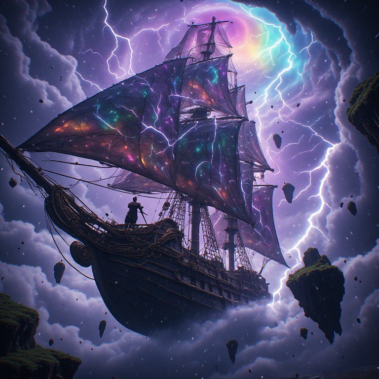 Fantasy flying galleon with glowing cosmic sails navigates a lightning-streaked storm sky with fl...