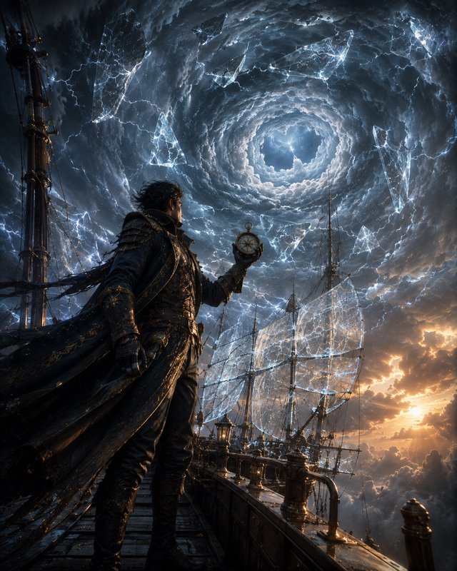 Steampunk sky pirate holds an antique compass on his airship deck, beneath a swirling magical sto...