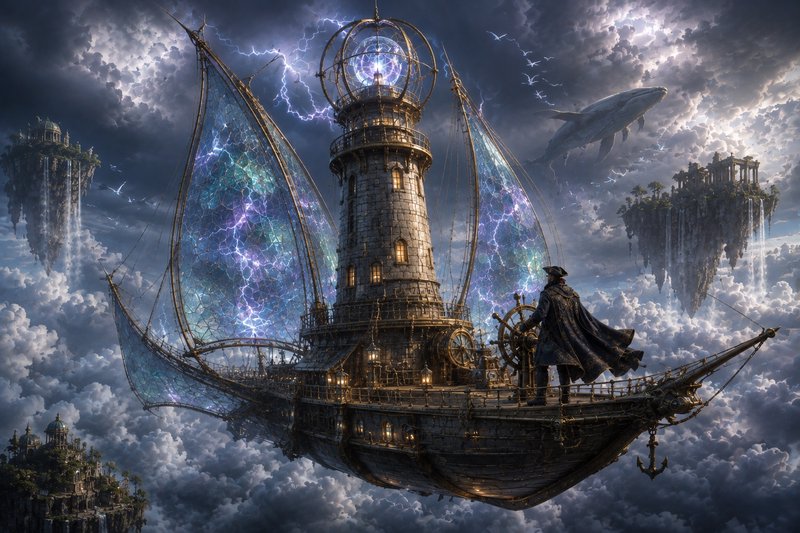 Steampunk fantasy airship with glowing crystal sails, a captain at the helm, soars above clouds p...