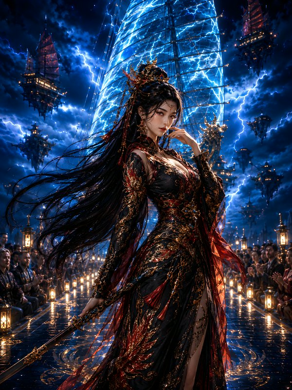 Regal fantasy warrior empress in ornate black, gold, red gown holds a sword, standing before glow...