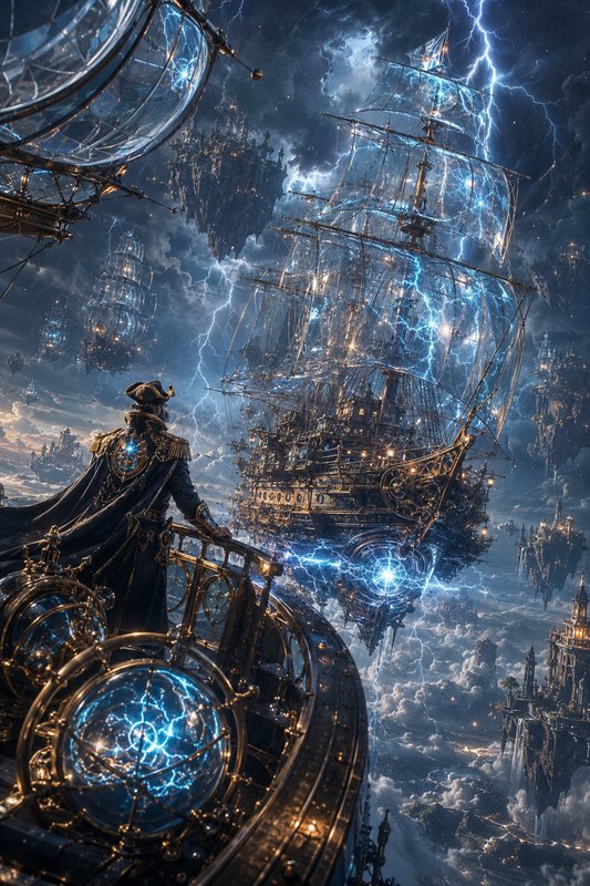 Steampunk airship captain overlooks a fleet of glowing lightning-powered flying galleons navigati...