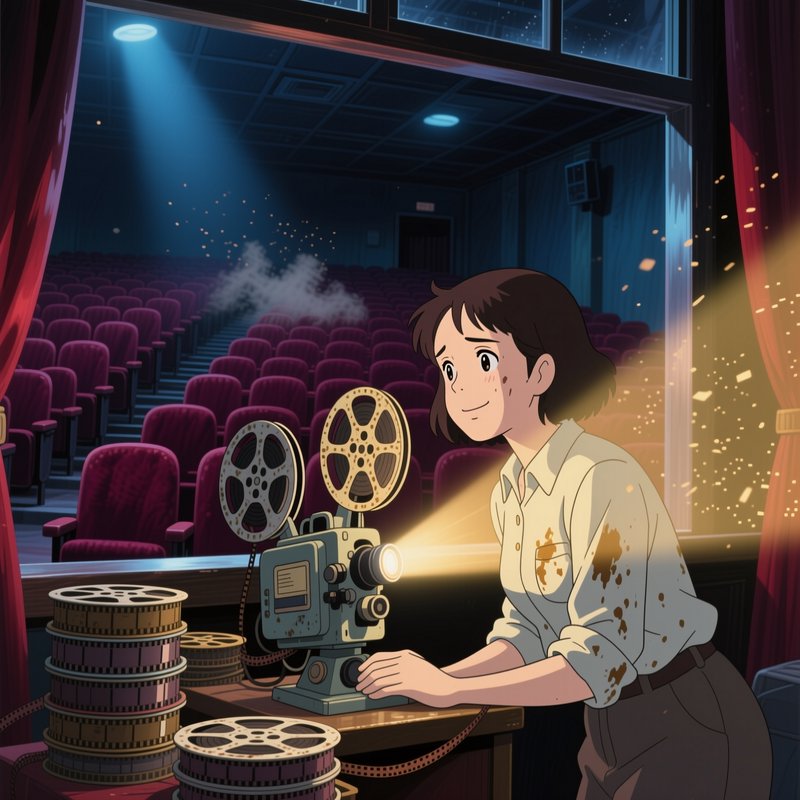 Studio Ghibli style anime projectionist operating a vintage film projector inside an empty retro ...