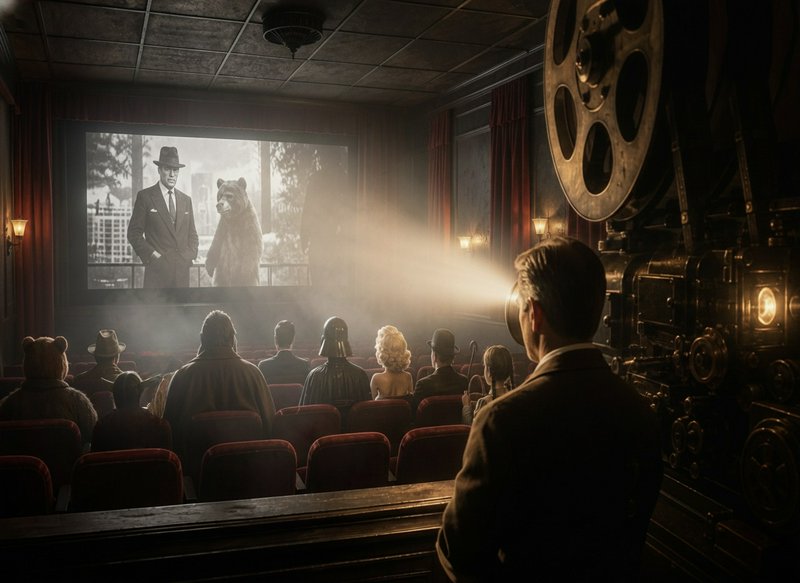 Vintage 1920s movie theater, projectionist runs antique reel projector as eclectic audience watch...