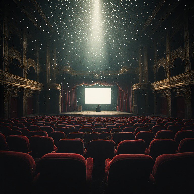 Ornate vintage theater interior with red velvet seats, starry glowing ceiling, and blank projecti...