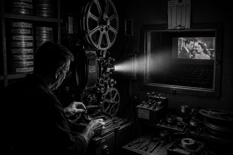 [Projectionist threads a vintage 35mm film projector as a light beam projects a classic film in a dark retro movie theater...