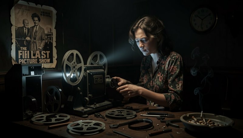 Focused woman repairing a vintage reel film projector at a cluttered work table, dim moody lighti...