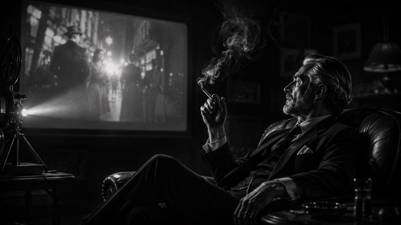 [Film noir scene: Suited older man smokes while watching a vintage silent film projected from an old movie projector]