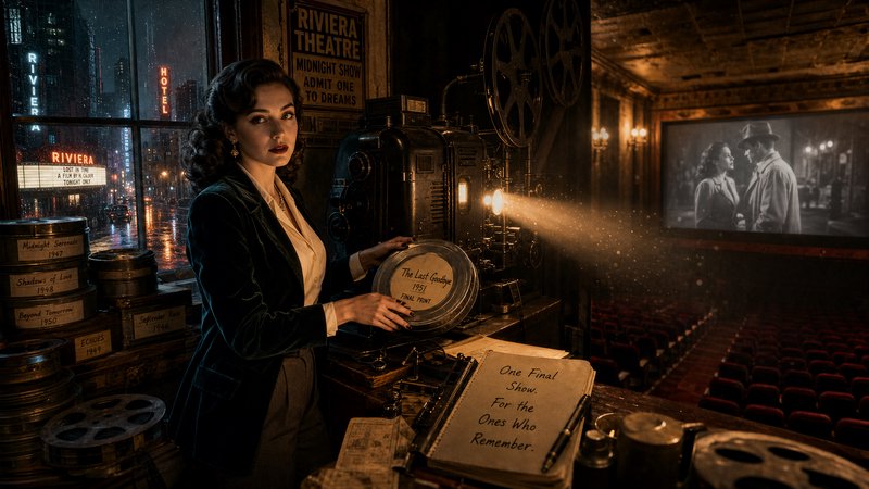 Elegant 1940s projectionist holds film reel beside a running vintage projector in the old Riviera Theatre, rainy neon city...