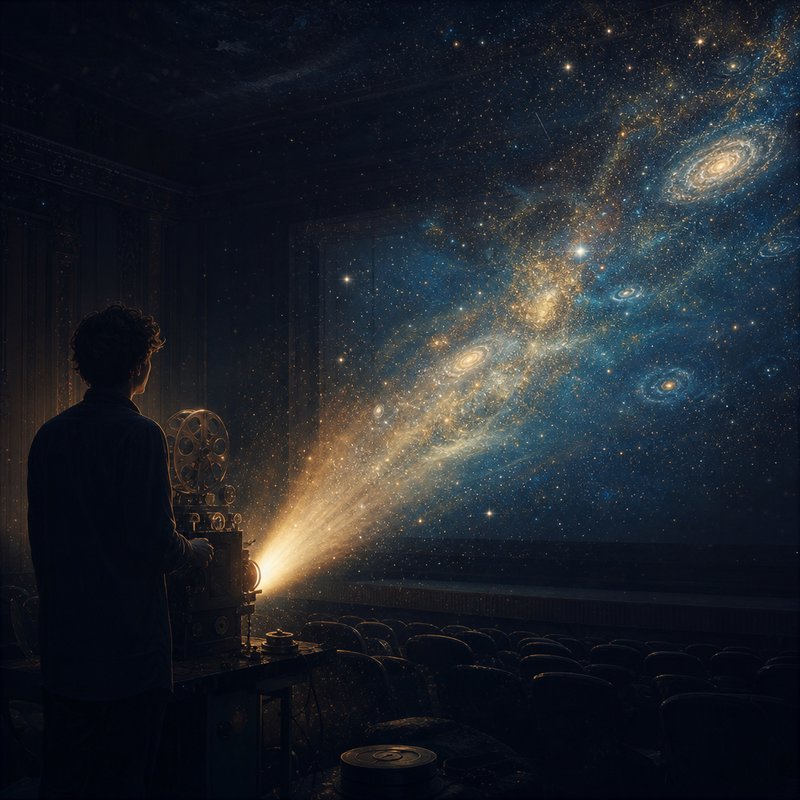 Silhouetted projectionist uses a vintage film projector casting a glowing spiral galaxy cosmic di...