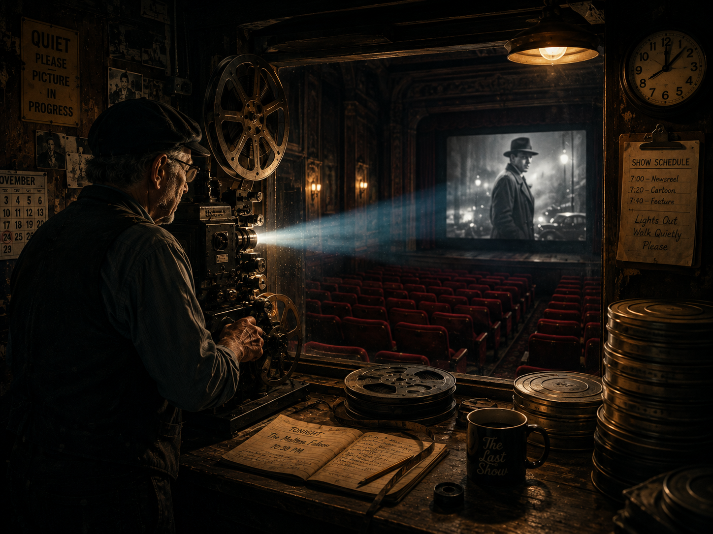 [Elderly projectionist operates vintage reel film projector, light beam casting noir movie onto empty historic theater scr...