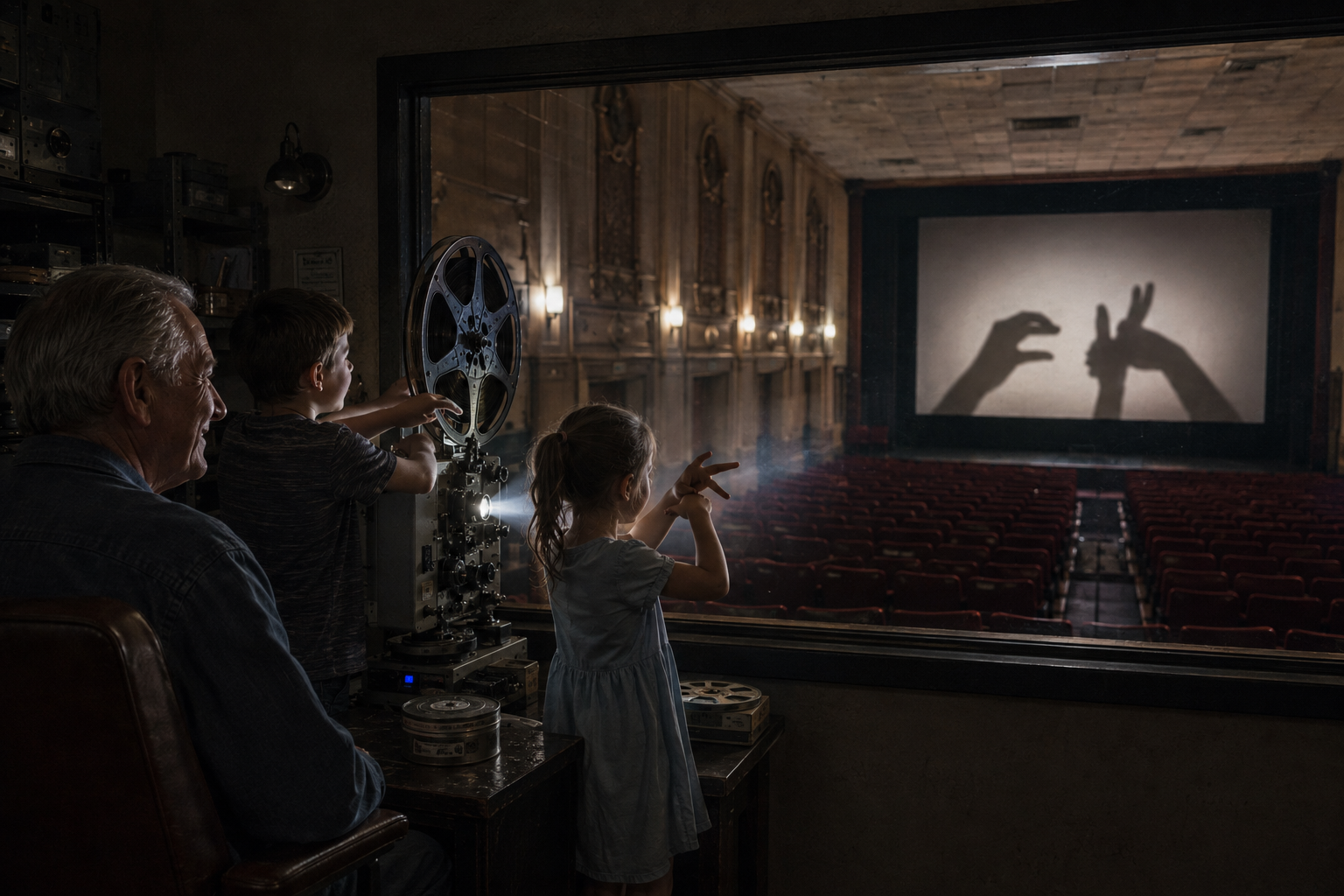 Elderly grandfather watches children cast hand shadow puppets from a theater projection booth next to a vintage film proje...