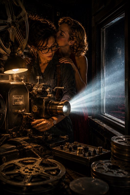 Two women in a vintage projection booth, one operating an antique 35mm film projector as her partner kisses her cheek, bri...