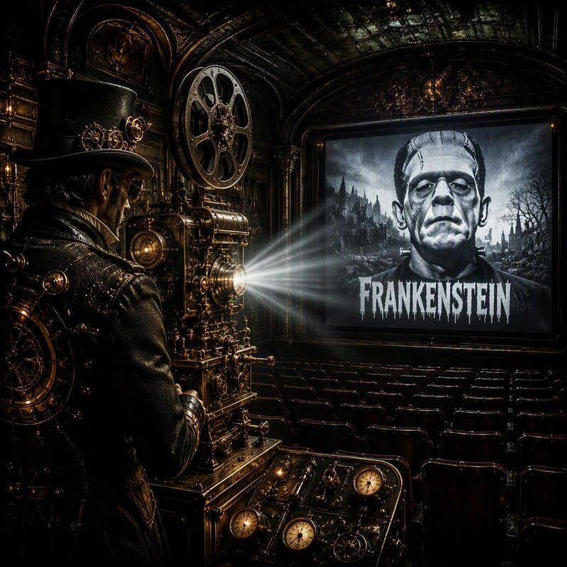Steampunk projectionist operates an ornate brass film projector screening classic Frankenstein in...