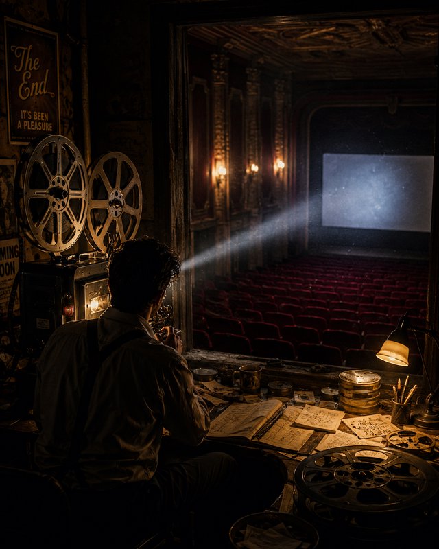 Rear view of projectionist operating vintage film projector from a booth overlooking an empty orn...