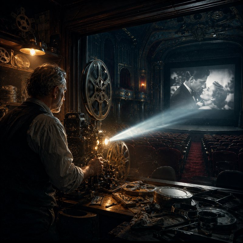 Back view of a projectionist operating a vintage film projector, light beam projecting a classic ...