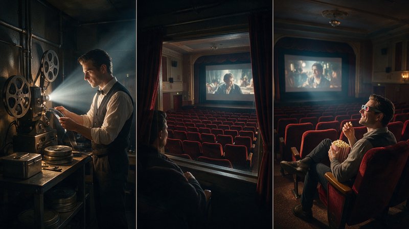 3-panel vintage cinema triptych: projectionist operating a reel projector, booth theater view, ma...