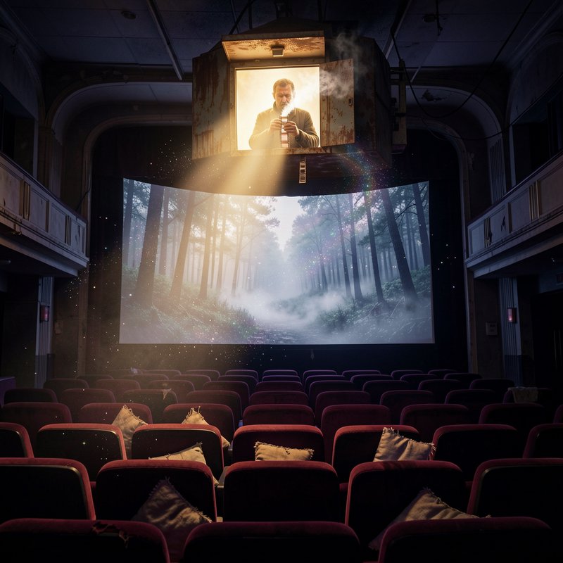 Surreal vintage movie theater, with a man in a floating projection booth above a screen displayin...