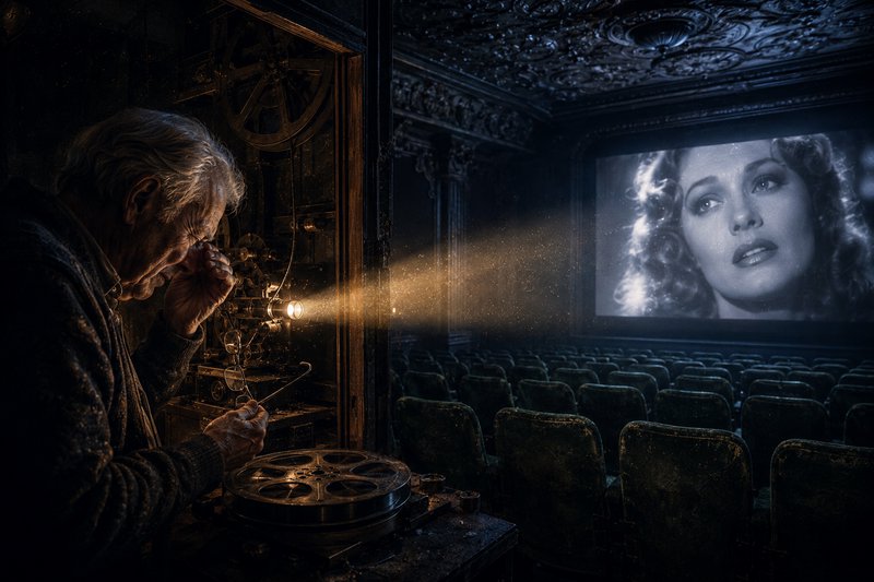 Elderly projectionist operates vintage film projector, projecting a classic black and white film ...