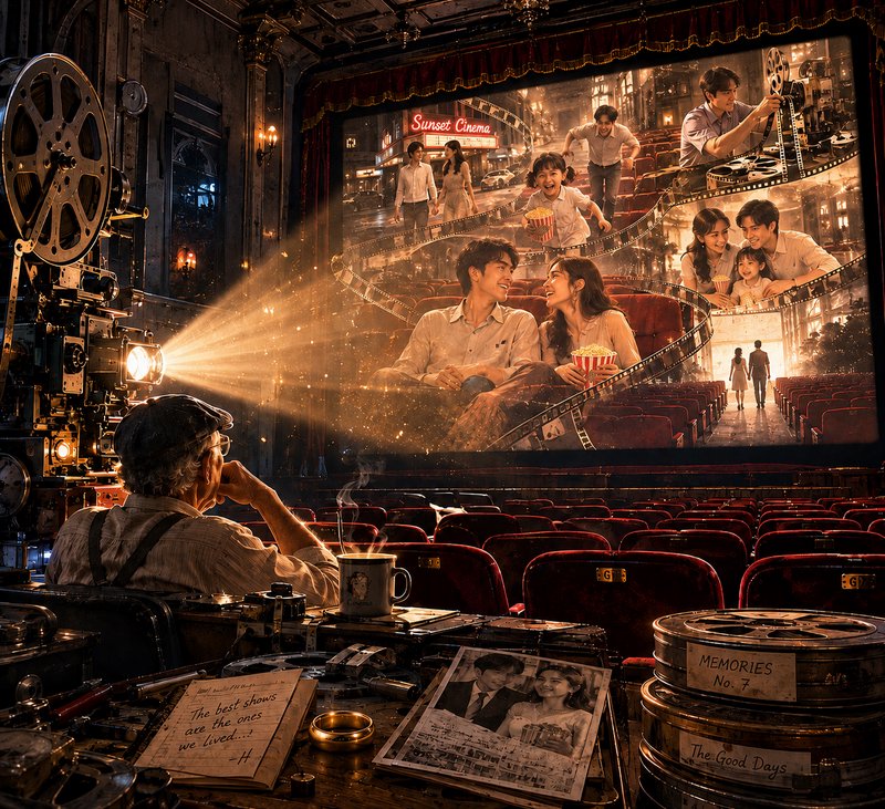 Back view of an elderly projectionist watching a memory montage film project from a vintage camer...